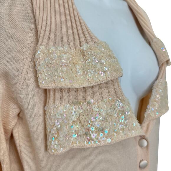 Nanette Lepore Blush Pink Sequin Collar Button Up Merino Wool Cardigan sz L NEW - Picture 6 of 11